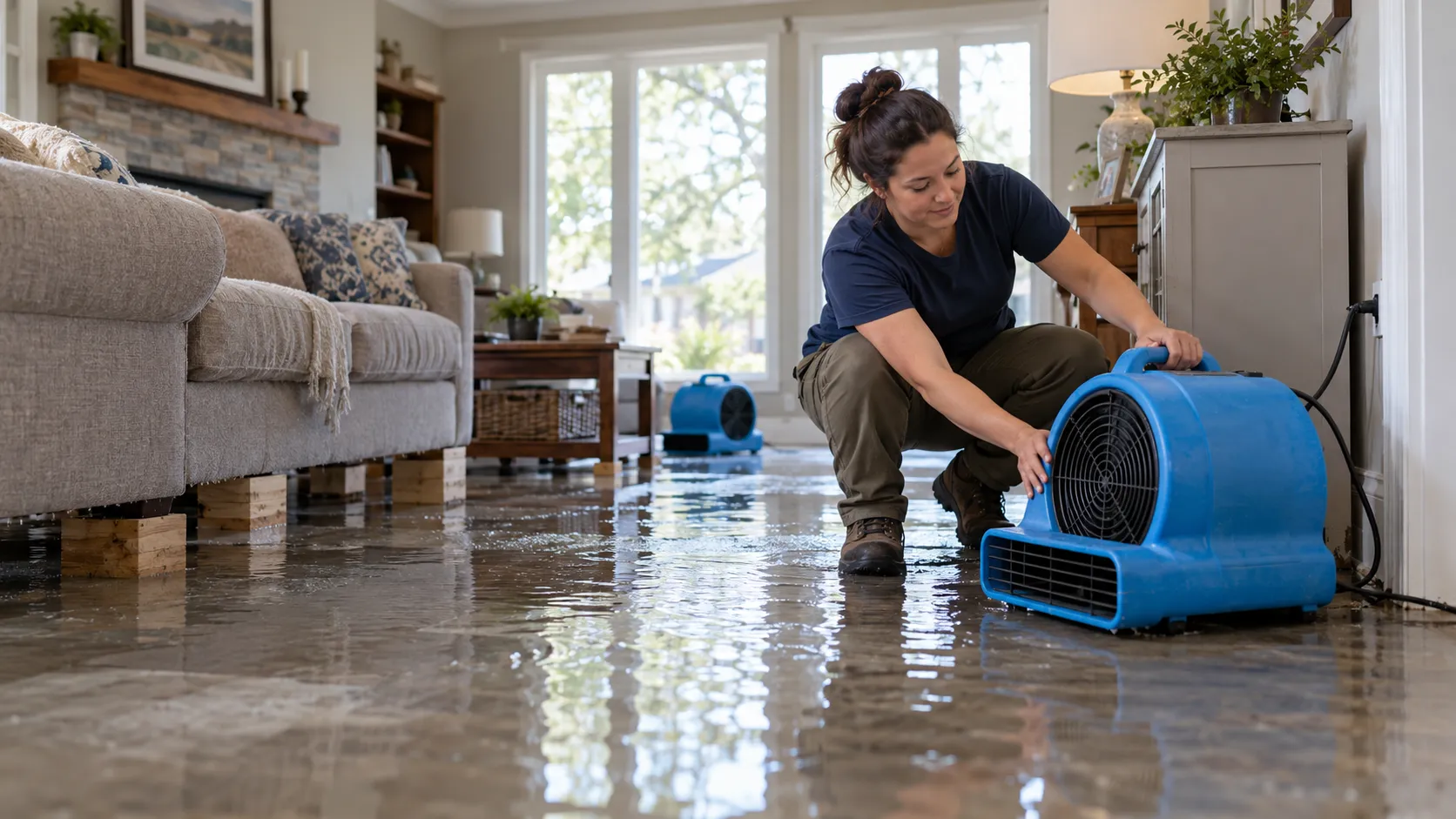 Water damage restoration technician drying a flooded living room in Stockton